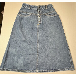 VTG Liz Claiborne Blue Denim Yoked Midi Flare Skirt Pockets Boho Modest Size 4